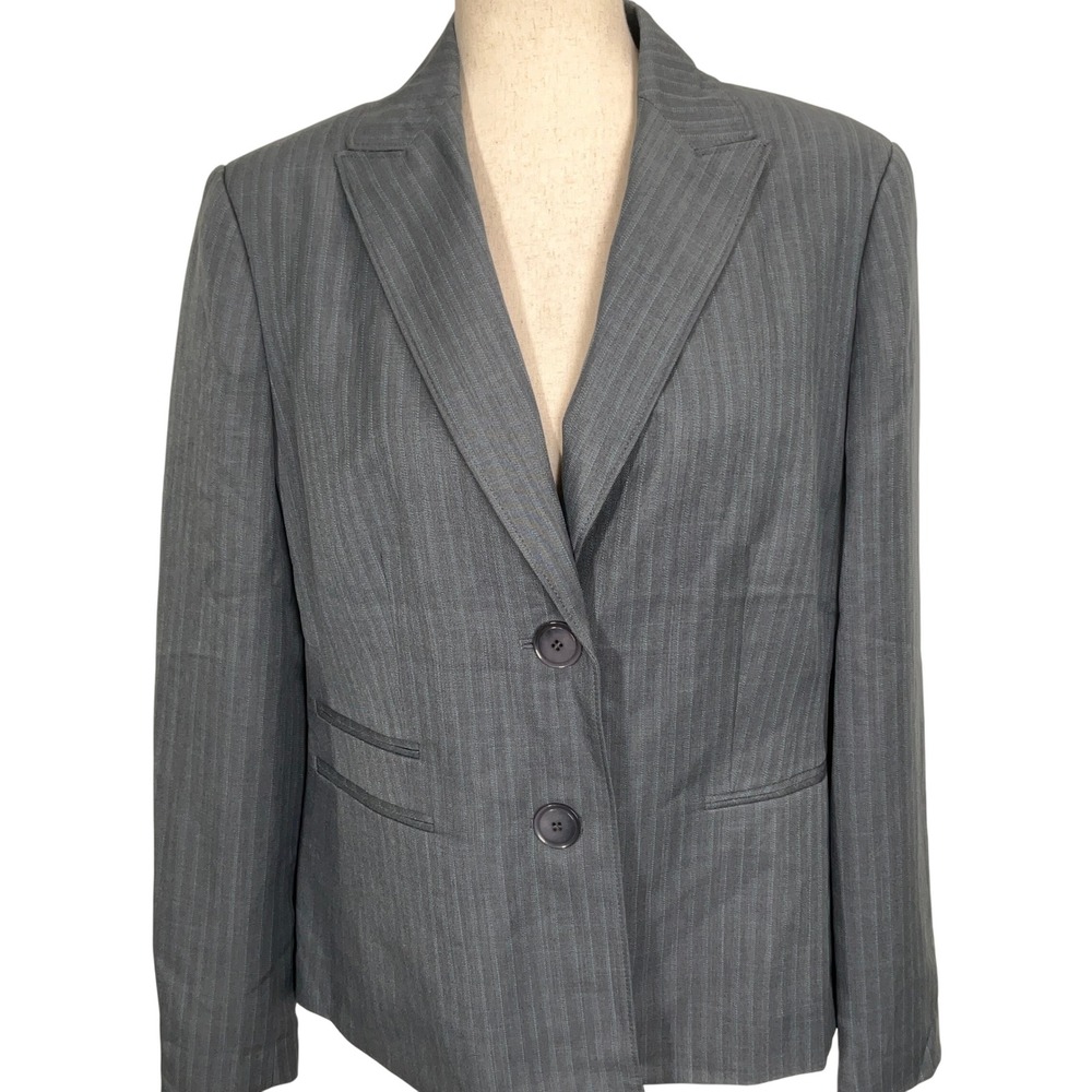 Le Suit Blazer‎ Women 14 Gray Aqua Pinstripe Yacht Club Career Classic Office